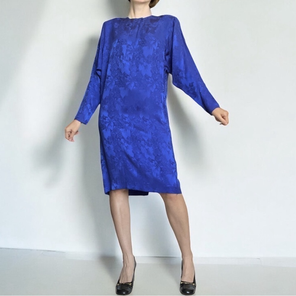 Gumps Silk Dress Vintage 80s Blue Floral Shirtdress - Picture 2 of 15